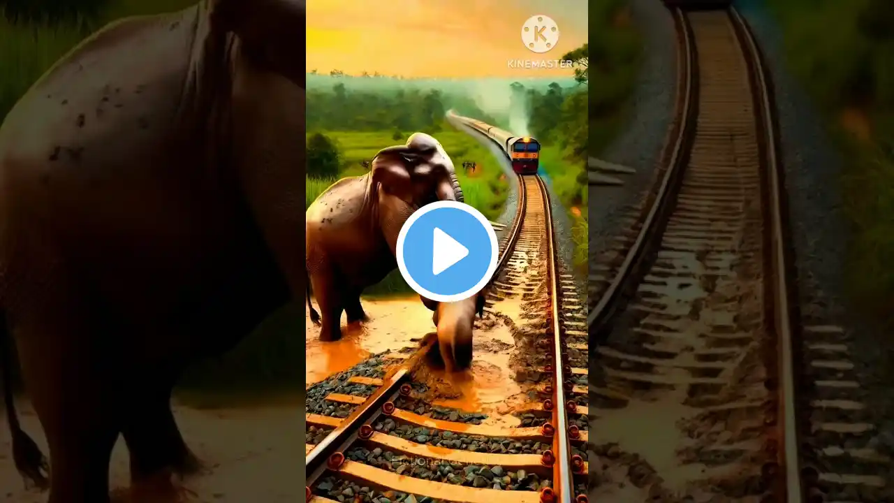 Elephant on a railway track while train coming#animals sound#train toy#baby elephant #