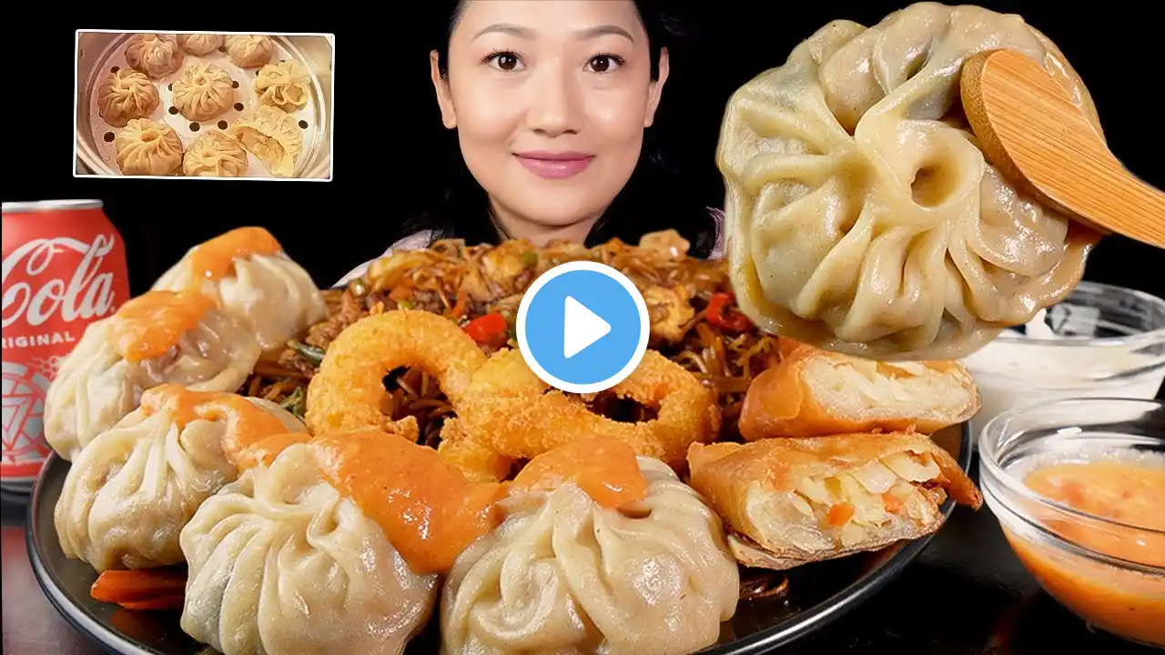 Cooking and Eating juicy Momo😱😍Spring rolls Chowmein babal mitho🤩Nepali Mukbang