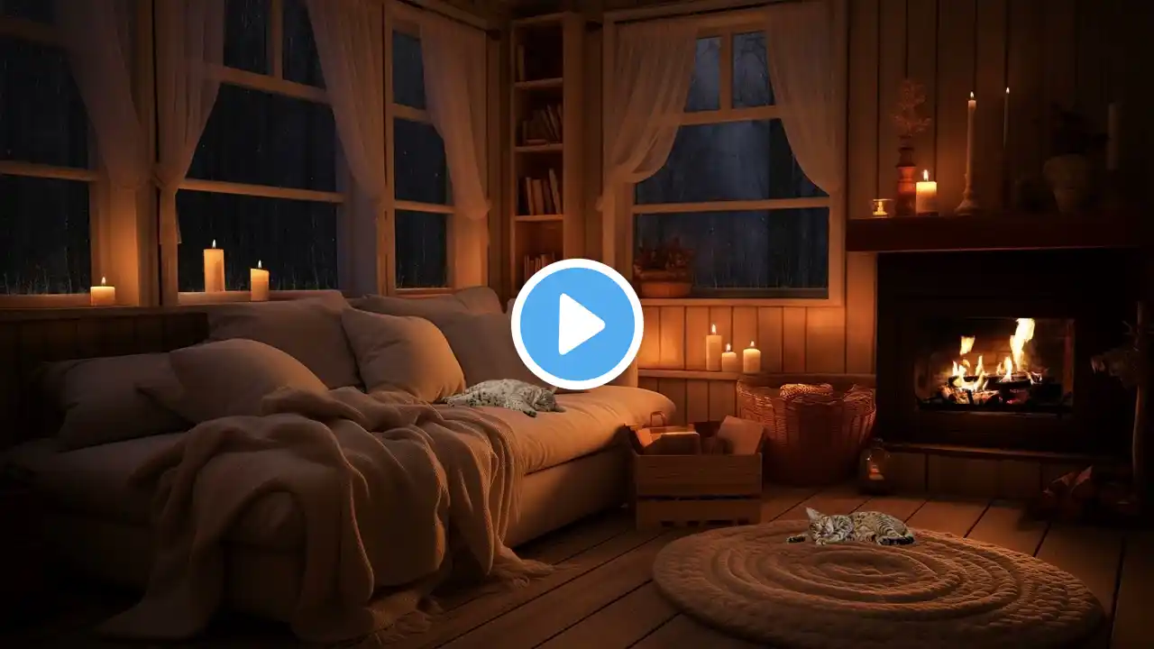 Rainy Night Retreat - Cozy Living Room with Sleeping Cats and Crackling Fireplace Sounds