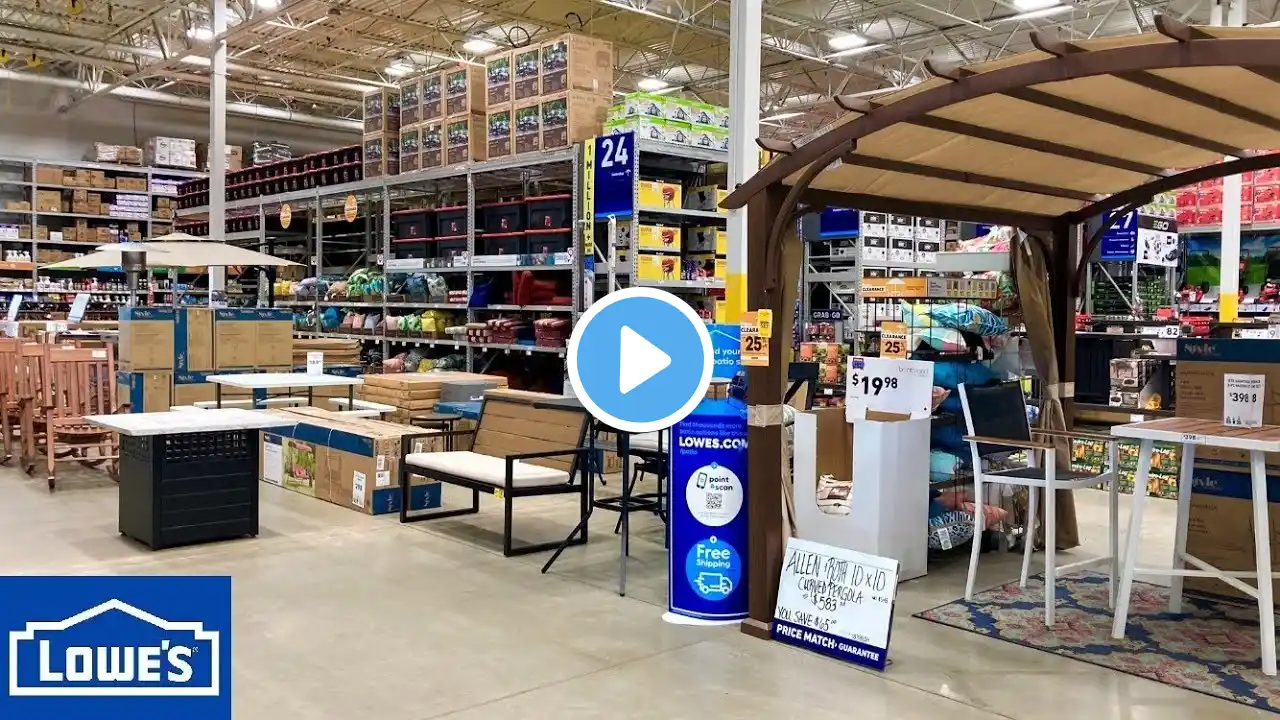 LOWE'S PATIO FURNITURE OUTDOOR CHAIRS PICNIC TABLES DECOR SHOP WITH ME SHOPPING STORE WALK THROUGH