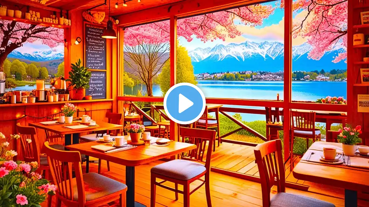 Spring time Lake & Smooth Jazz Instrumental Music at 4K Outdoor Coffee Shop Ambience for Good Mood