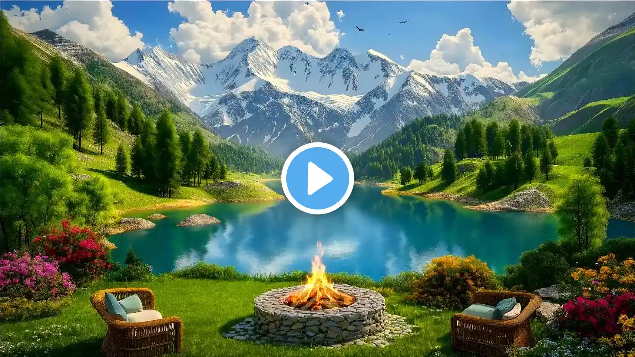 Tranquil Lakeside Fire – Breathtaking Mountain Scenery & Nature Sounds for relaxation