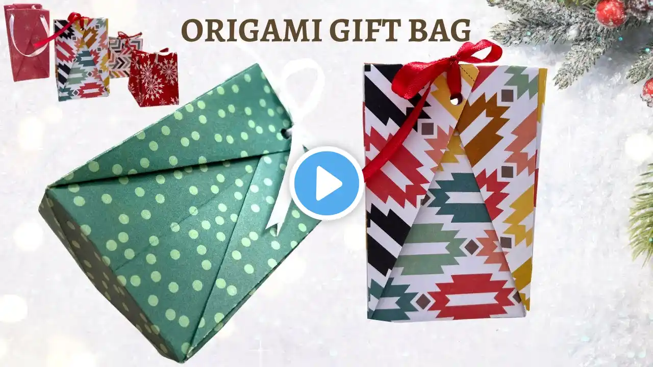 paper gift bag origami- DIY- how to make an easy origami gift bag paper pouch for Christmas Birthday