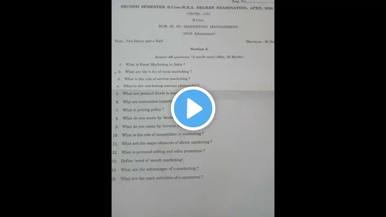 Calicut University Second semester B Com/bba Marketing management Previous year question paper