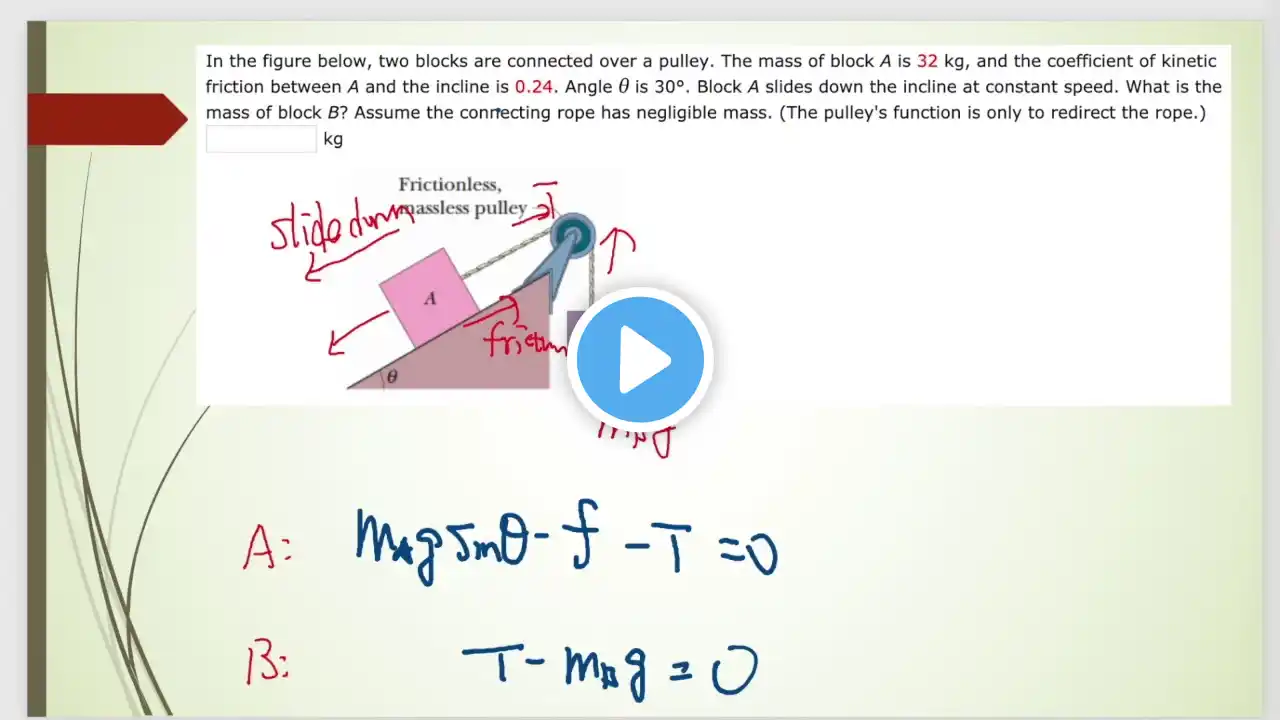 two blocks are connected over a pulley. The mass of block A is 32 kg, and the coefficient of kinetic