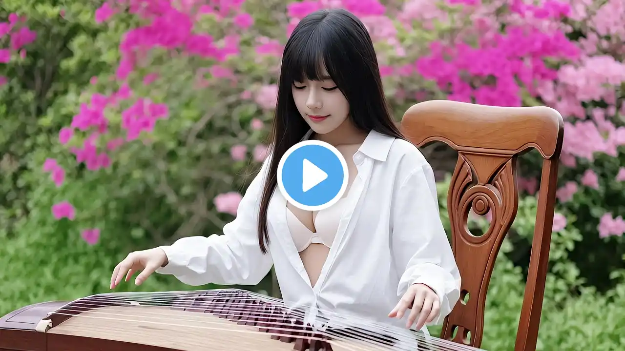 Beautiful Traditional Guzheng Performance in Cherry Blossom Garden