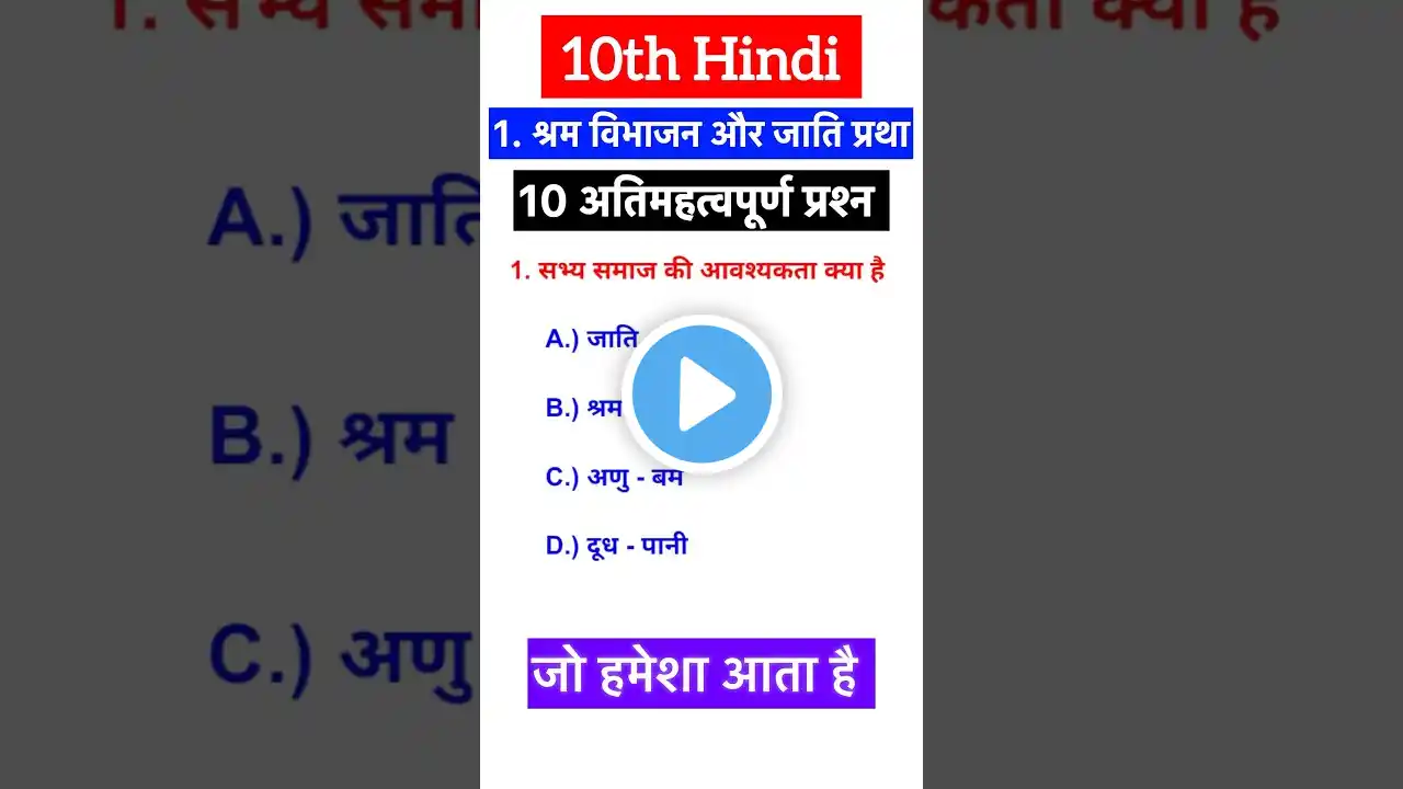 Class 10 Hindi chapter 1 objective question | Hindi class 10th Vvi objective question 2025