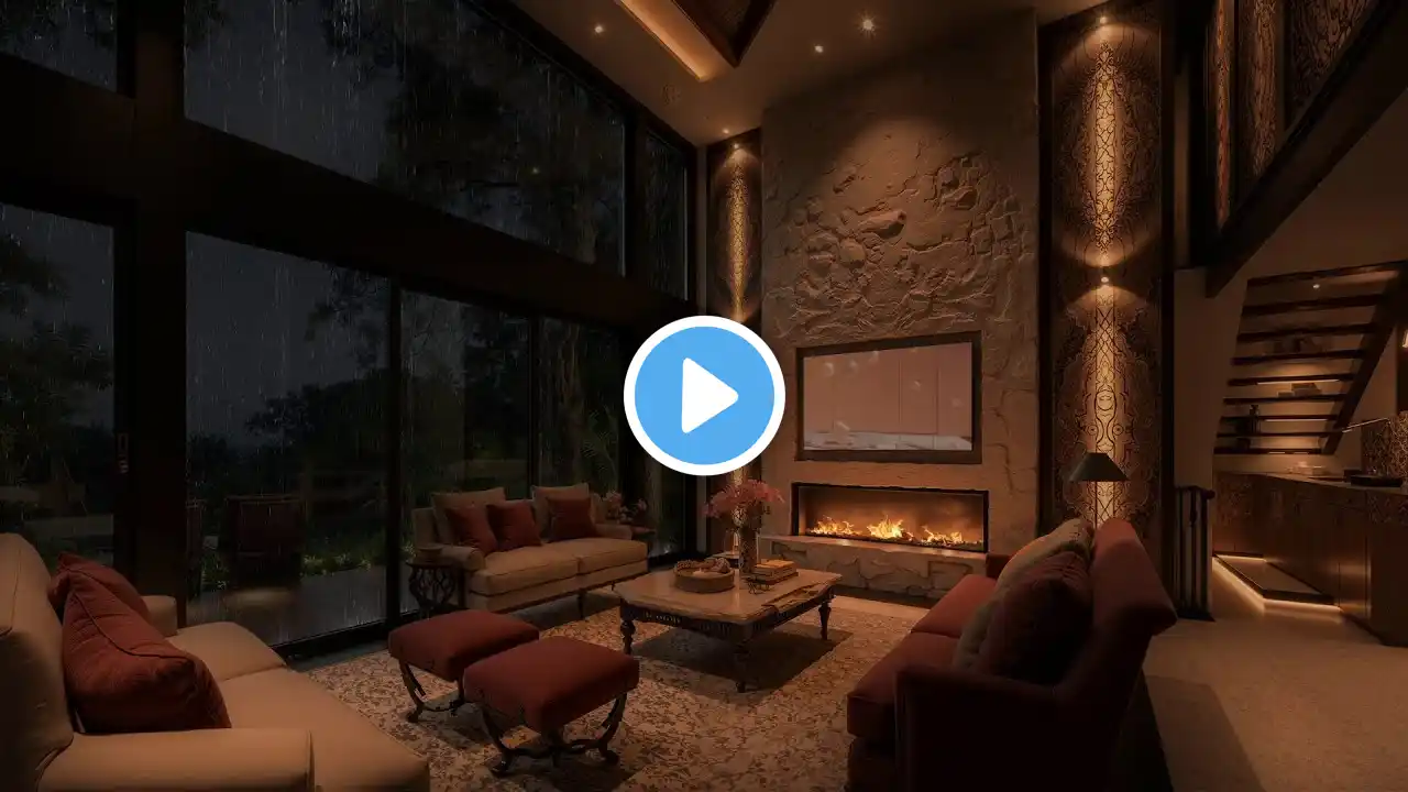 Sitting in the Living Room Ambience with Fireplace Sounds🌧️Rain and Thunder Sounds for Stress Relief