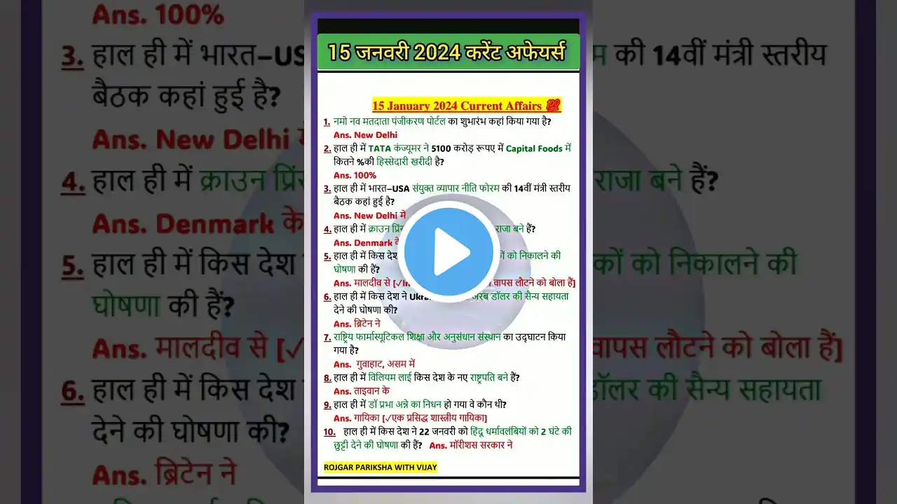 15 January Current Affairs (2024)🔥|today current affairs|daily top CA|#shorts #ssc #currentaffairs