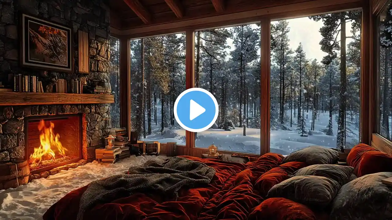 Cozy Winter Cabin Ambience – Crackling Fireplace & Snowfall  24/7 Live for Sleep, Study & Focus