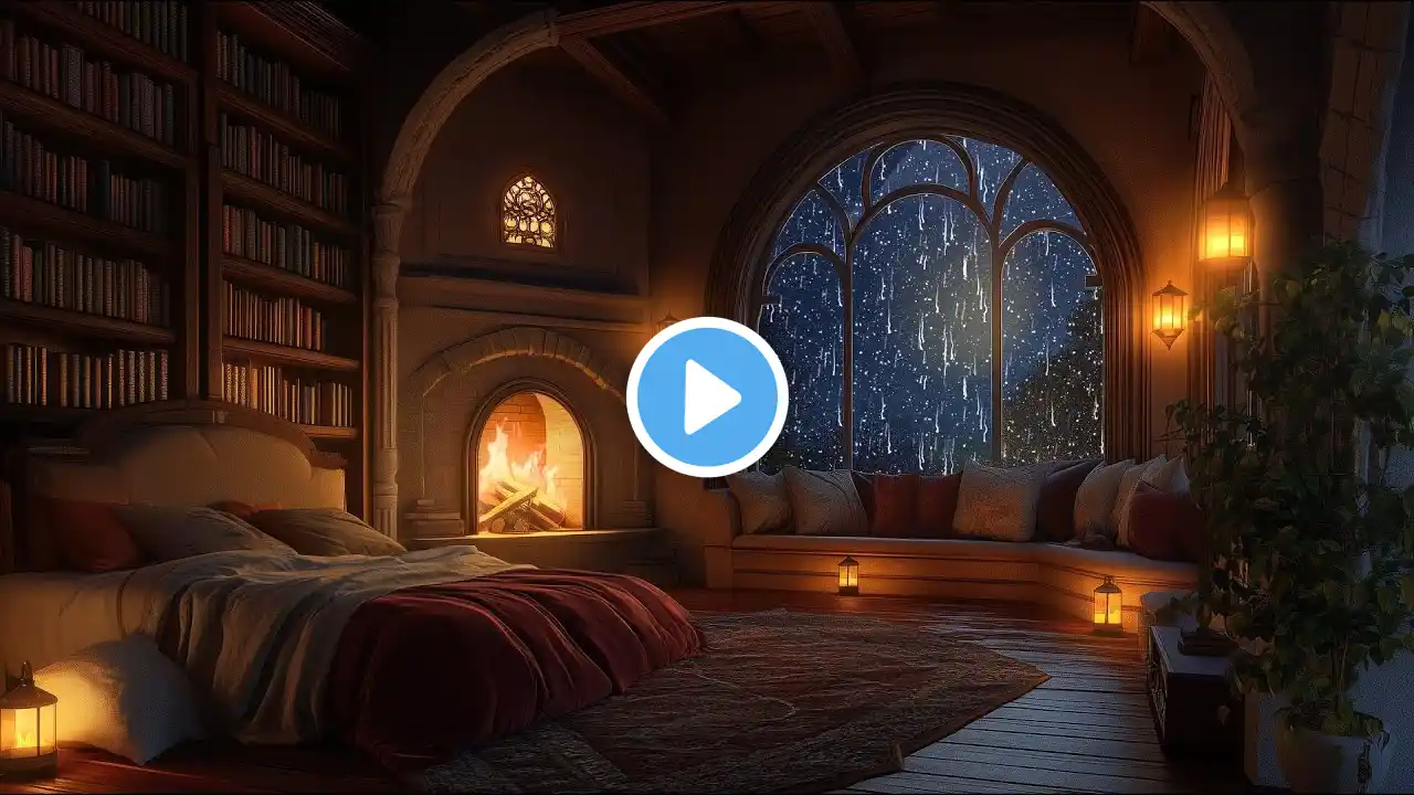 🔴24/7 Charming Castle Room with Rain, Fireplace and Thunderstorm Sounds