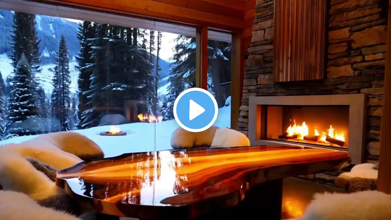 🔥 Snowy Cabin Retreat ❄️ | Cozy Fireplace Crackling 🏡 & Smooth Jazz Music 🎶 | 4K Relaxing Ambience ☕