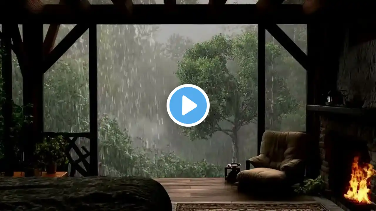 Cabin by the Forest in the Rain | Fireplace Crackling & Gentle Rain Sounds helps for Sleep Problems