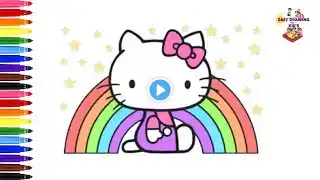 Cute Hello Kitty with Rainbow Drawing, Painting & Coloring For Kids and Toddlers_ Easy Drawing