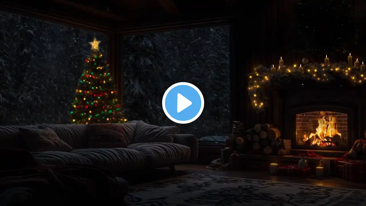 Snowy Christmas Ambience🎄 Cozy Living Room with Crackling Fireplace &Winter Wind Sound for Deep Rest