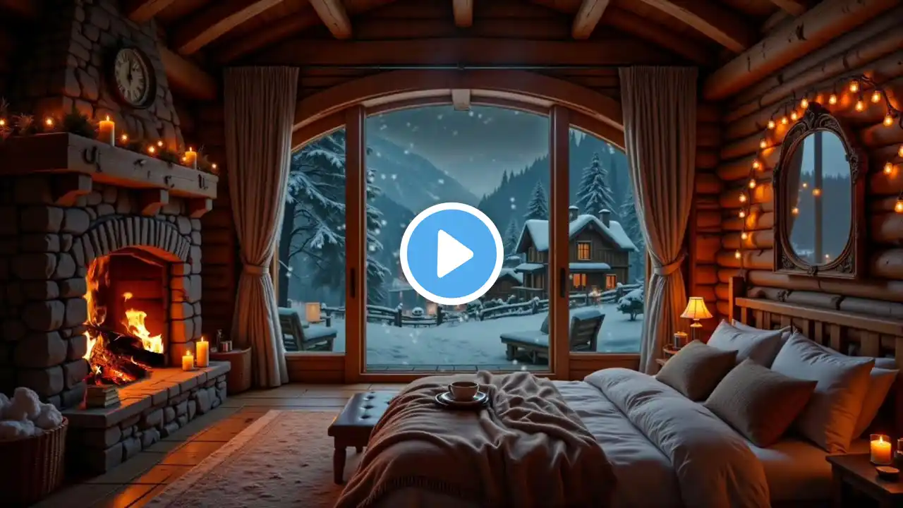 Peaceful Winter Night: Cozy Bedroom with Gently Falling Snow and Crackling Fireplace for Relaxation