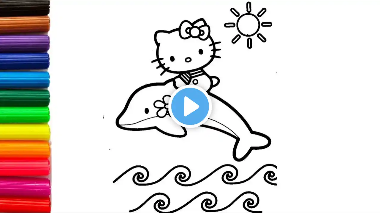 Drawing & coloring hello kitty for kids | How to draw a Hello Kitty sitting on a dolphin in the sea