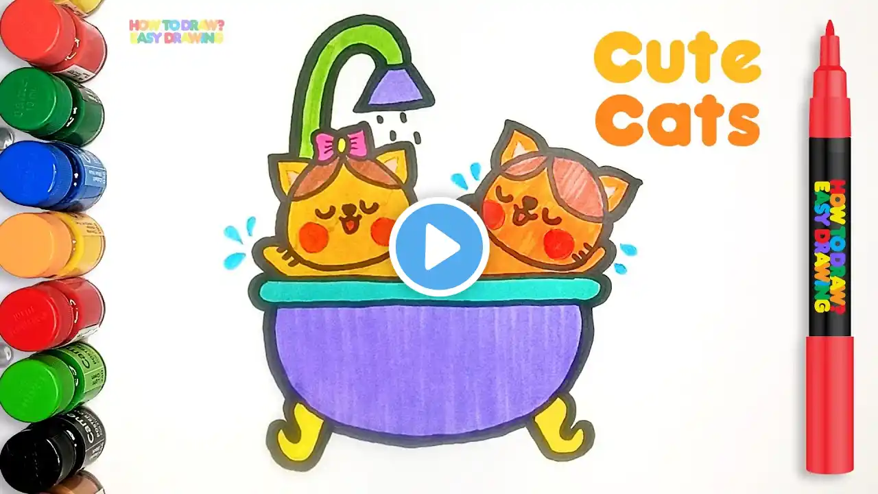 How to Draw Cute Cats Taking a Bath Easy Drawing for Kids