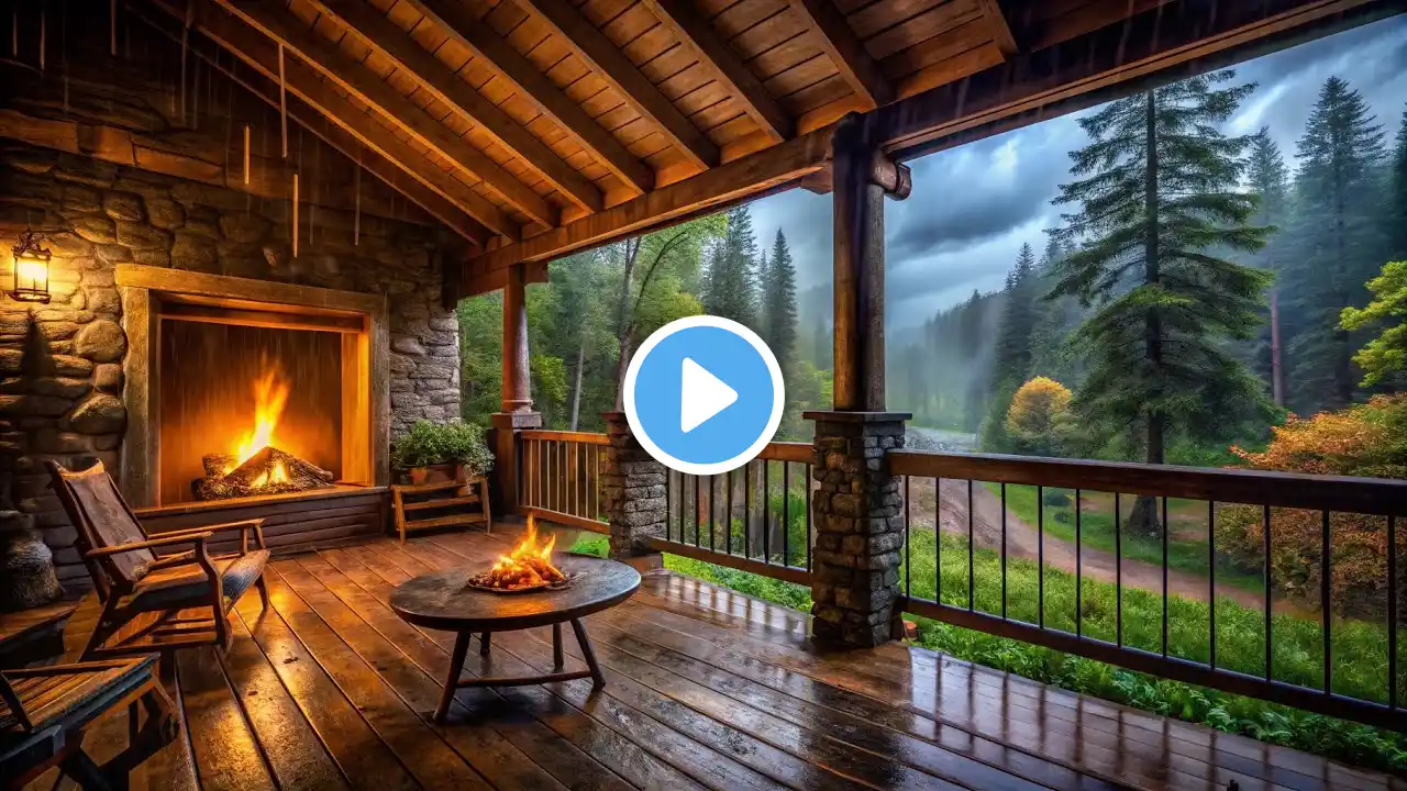 Rainy Tropical Forest Ambience | Soft Rain and Thunder with Fireplace At Cozy Porch | Sleep, Relax