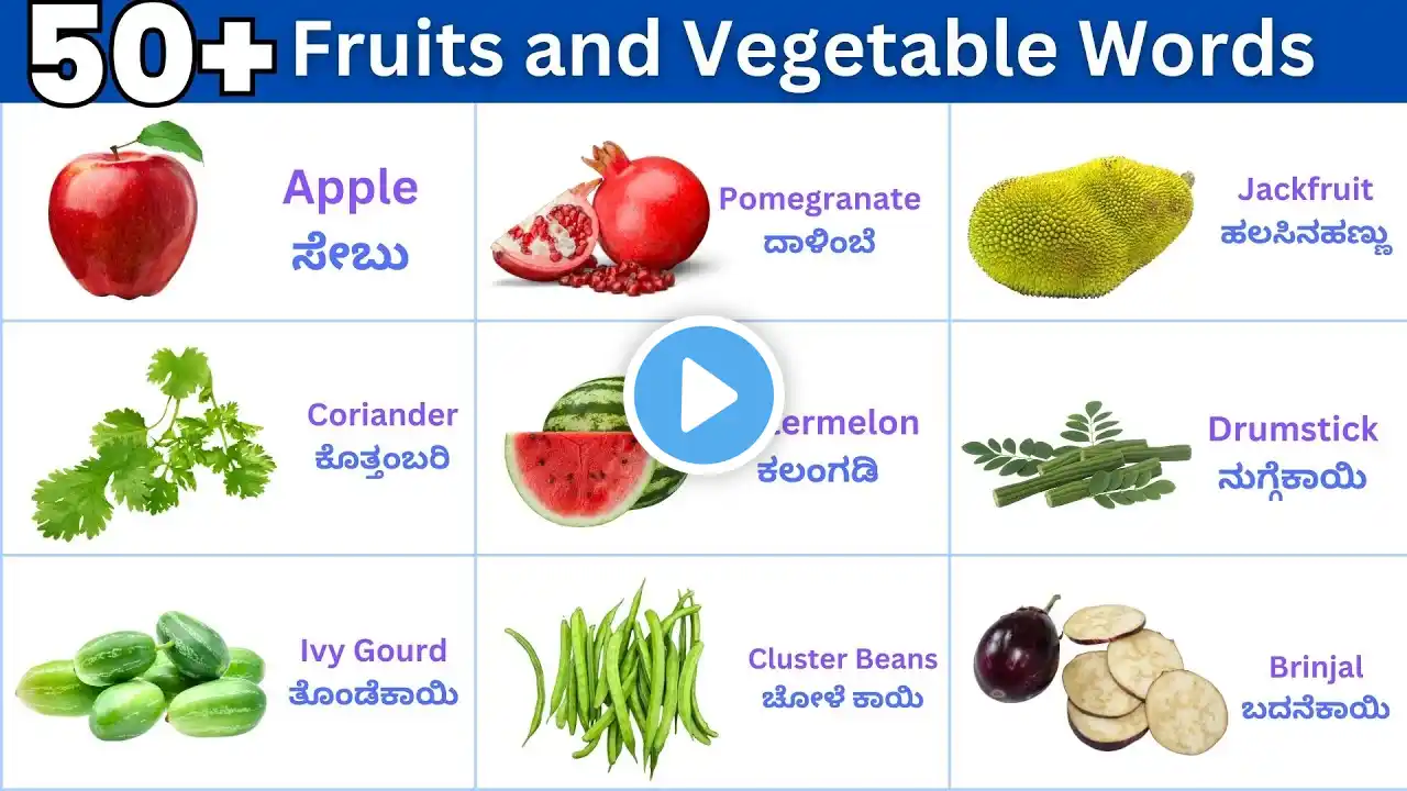 50+ Fruits and Vegetables English to Kannada WORDS for beginners