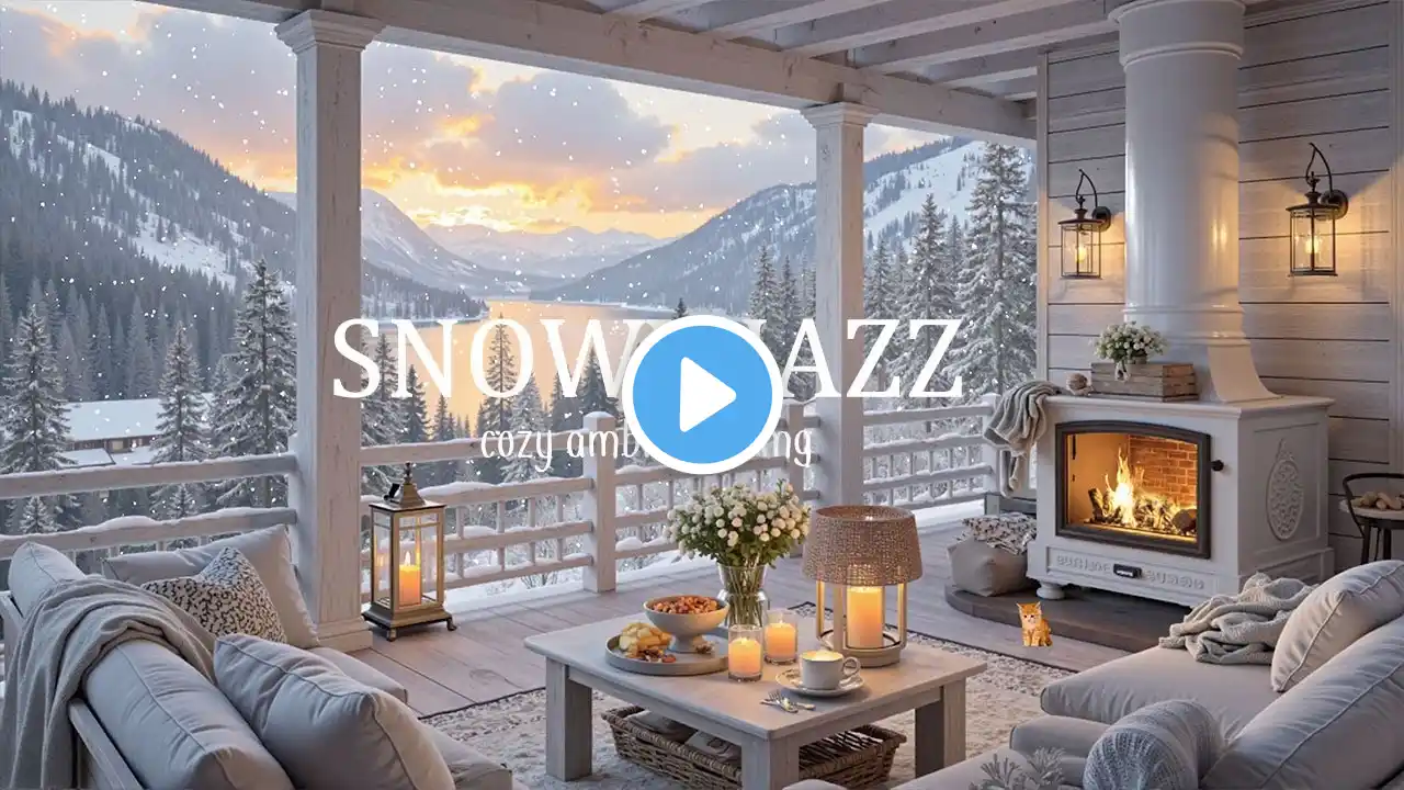 Tranquil Snowy Balcony 4K ❄️ Relaxing Winter Ambience with Jazz & Fire Sounds