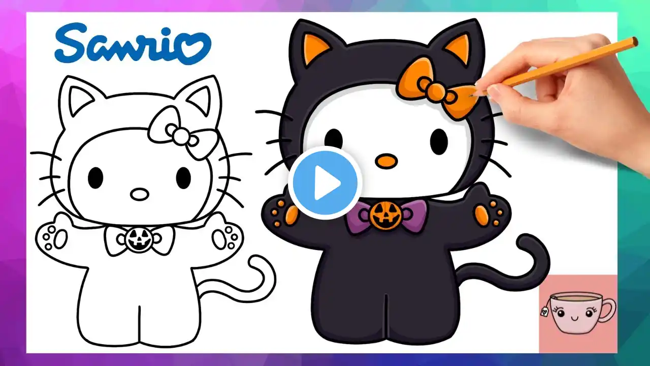 How To Draw Hello Kitty Black Cat 🎃 Halloween Cute Easy Drawing Tutorial