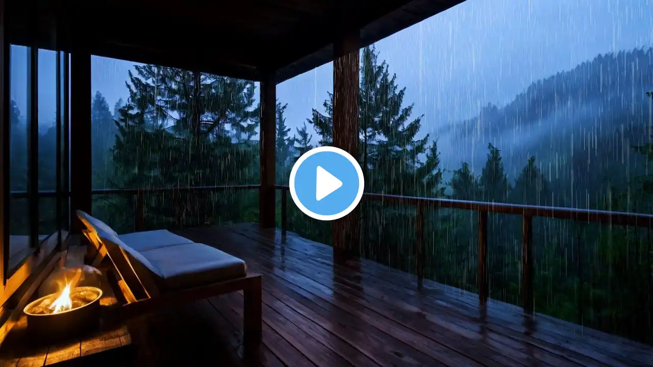 Rain in Cozy Cabin with Warm Fireplace and Gentle Rain on Lakeside to Relaxation, Study and Sleeping