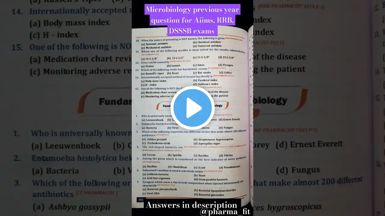 Important microbiology questions for AIIMS DSSSB RRB gov Pharmacist exams answers in description box