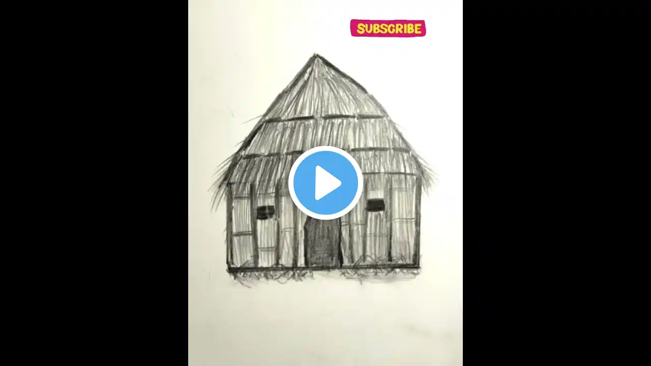 Easy village hut drawing on paper.How to draw straw hut with graphite pencil.