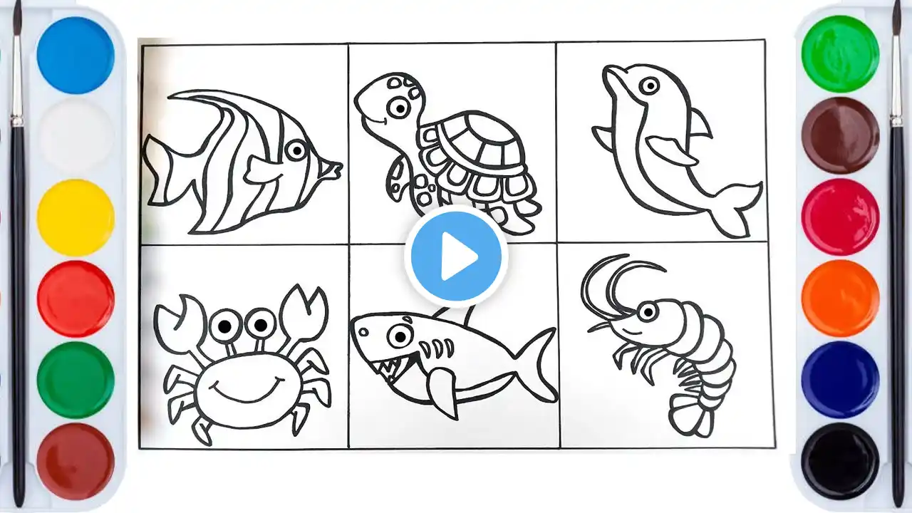 How to Draw Sea Animals- Shark Fish Turtle and others- Glitter Art for preschool