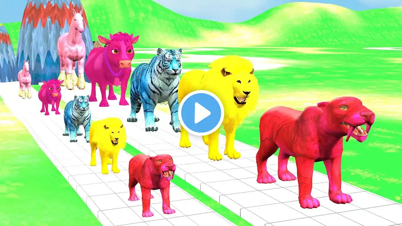 Paint & Animals Lion, Horse, Tiger, Cow, Elephant, T-rex Fountain Crossing Animal Cartoon 2025 live