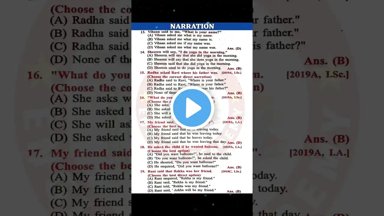 Narration Objective Questions | Class 12 English Grammar | #shorts #narration #english #motivation