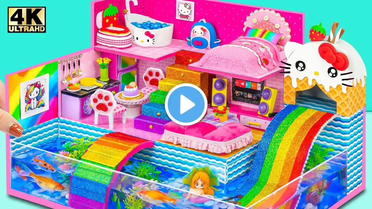 Make Aquarium Around Mini Pink House With Rainbow Hello Kitty Slide for Pet ❤️ DIY Miniature House