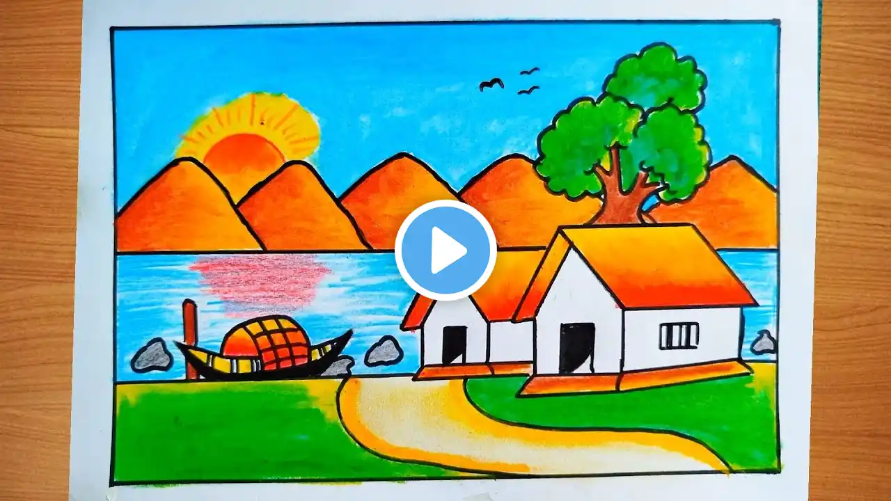 Village drawing for beginners | Nature drawing for kids easy | River side village drawing | Scenery