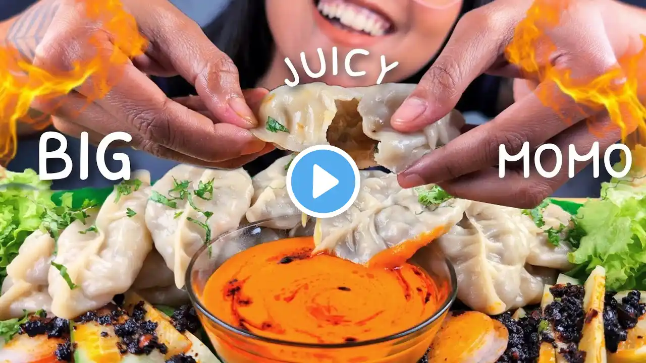 COOKING & EATING BIG JUICY VEG MOMO WITH SPICY MOMO CHUTNEY | EATING HOT JUICY BIG MOMO MUKBANG