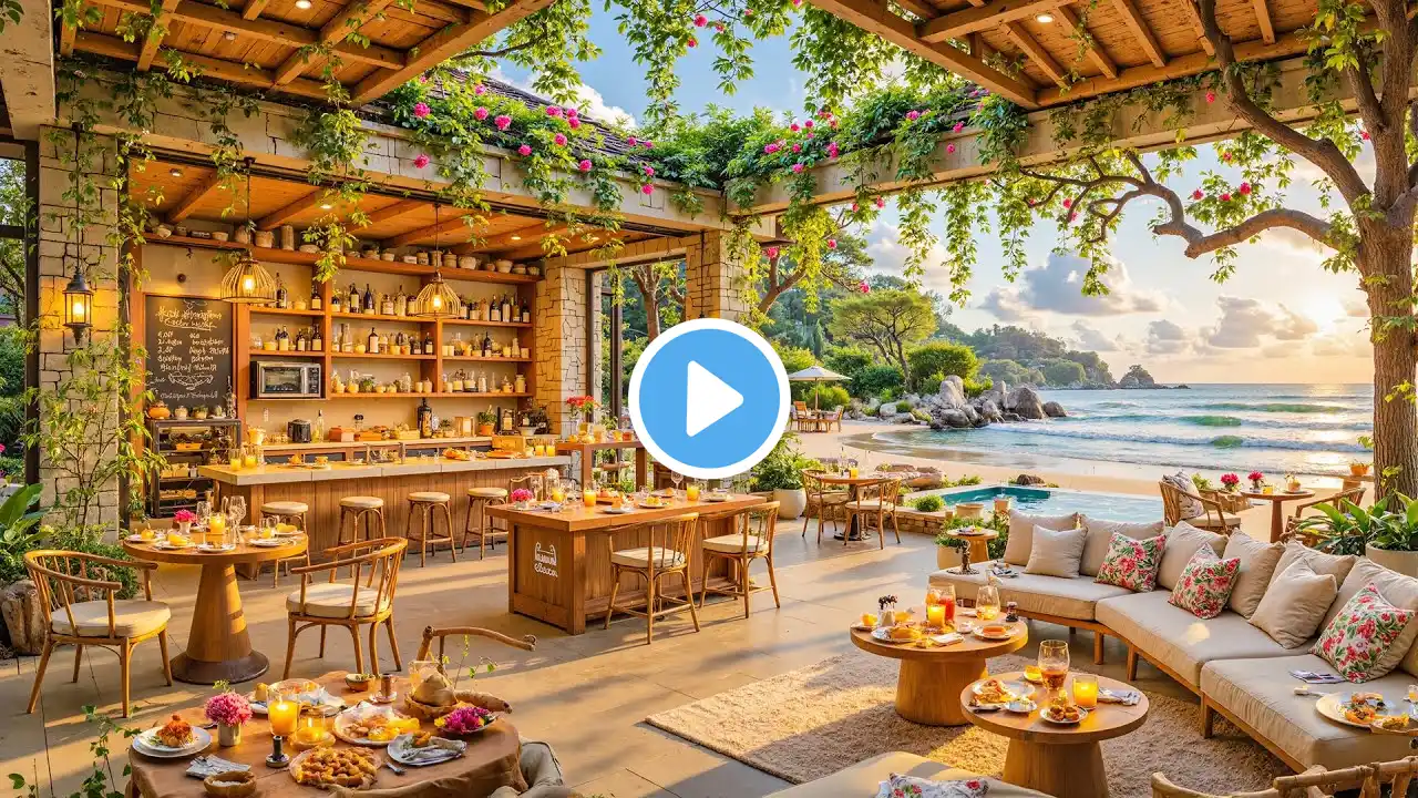 Bossa Nova Jazz in a Tropical Beachfront Cafe ☕ Chill Vibes with Ocean Waves and Sunset Ambiance