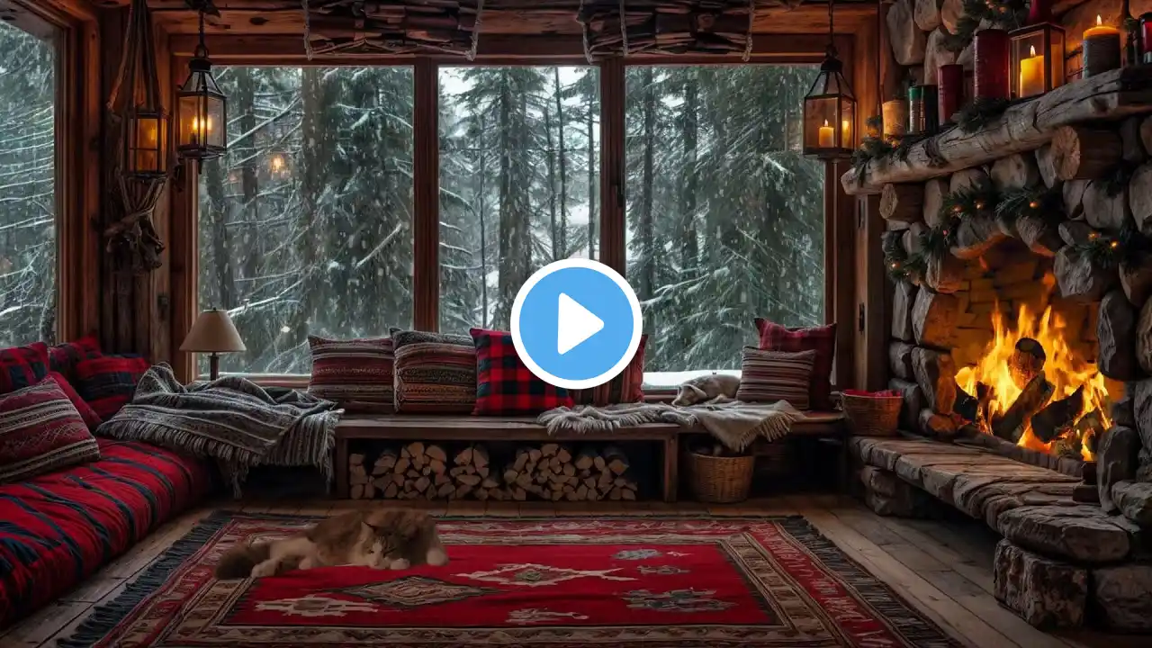 🔴Quiet Winter Night Cabin🌨️Tranquil Snowstorm and Warm Fire Sounds for Peaceful Sleep🔥