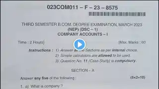 Company Accounts 3rd Semester B.com Degree NEP Question Paper March/ April 2023 Dharwad University