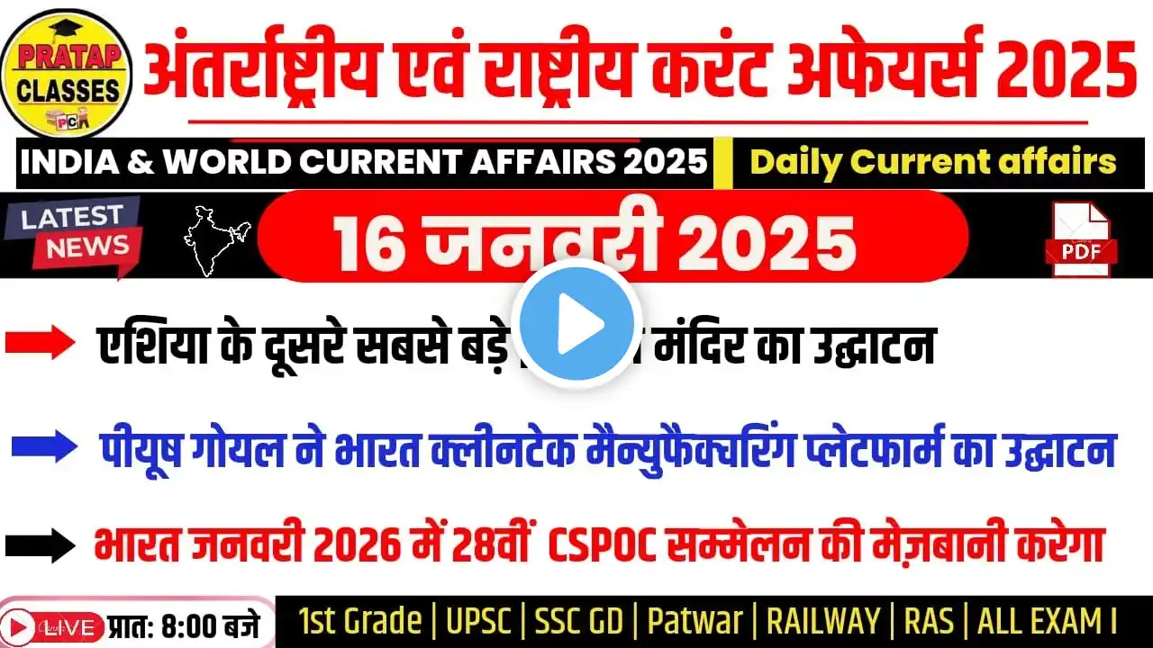 16 JANUARY 2025 India & World Current Affairs in Hindi || Rpsc, Upsc ,1st Grade Patwar RAILWAY CET