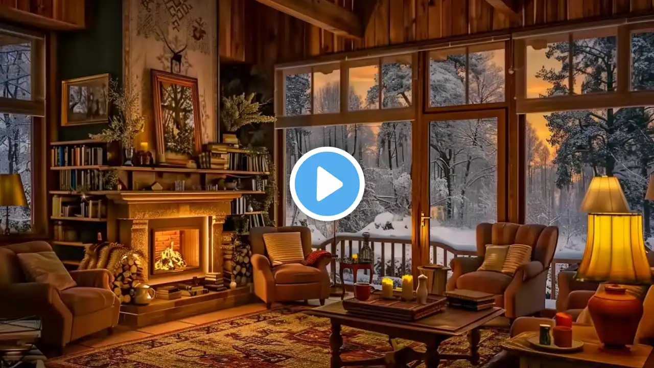 Cozy Winter Cabin Ambience with Relaxing Jazz Music & Fireplace Sounds ~ Soft Jazz for Stress Relief