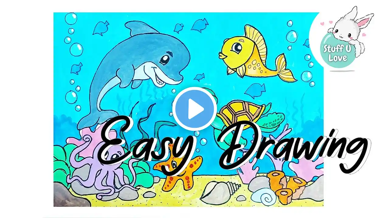 How to draw Easy Underwater Fish Aquarium Dolphin Turtle Starfish Octopus Drawing