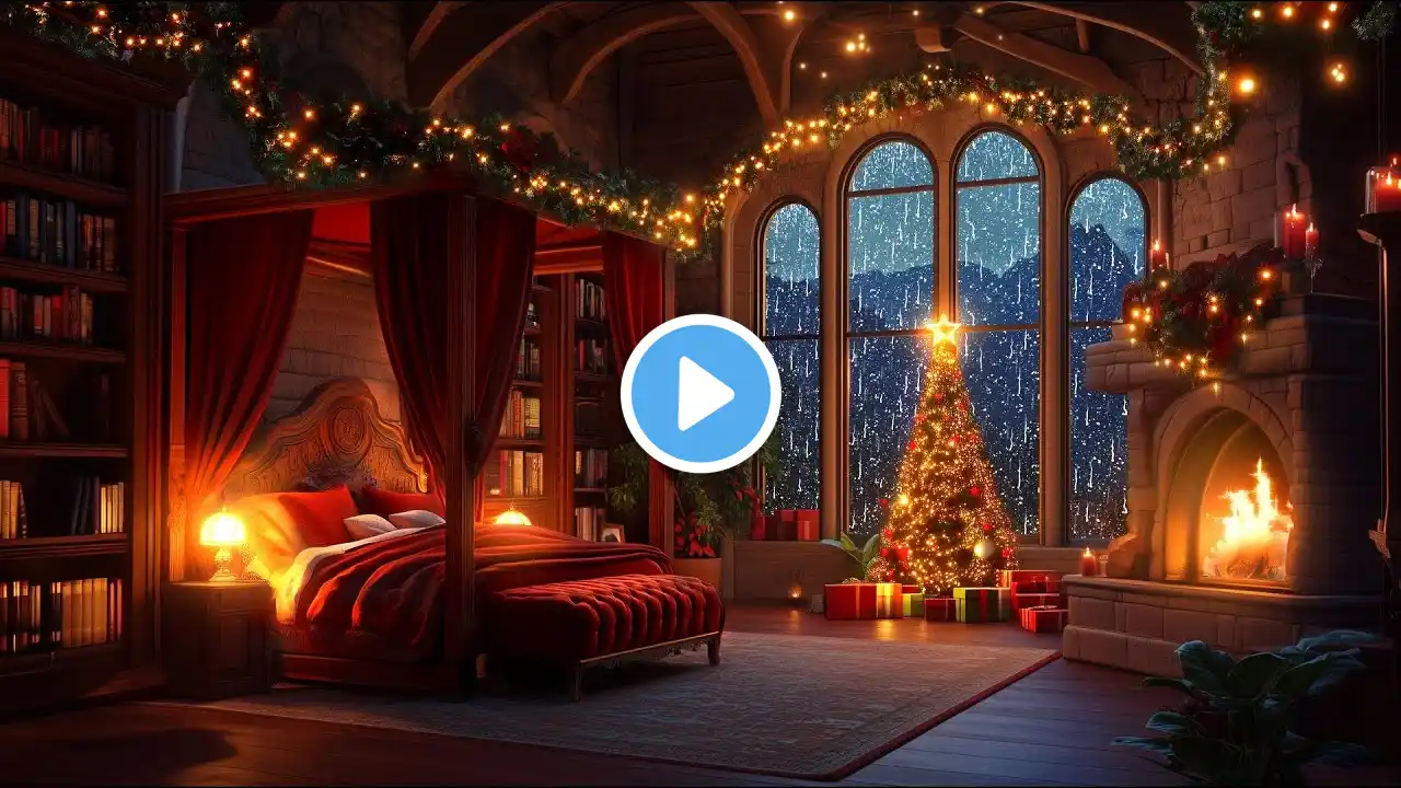🔴24/7 Sleep Instantly in a Cozy Christmas Castle Room | Rain, Fireplace & Thunderstorm Sounds