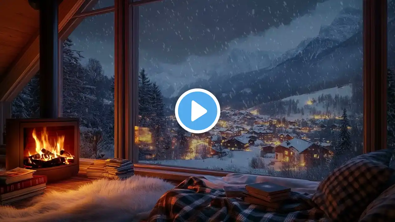 Tranquil Night: Cozy Bedroom with Snowfall and Crackling Fireplace Sounds for Relaxation and Sleep