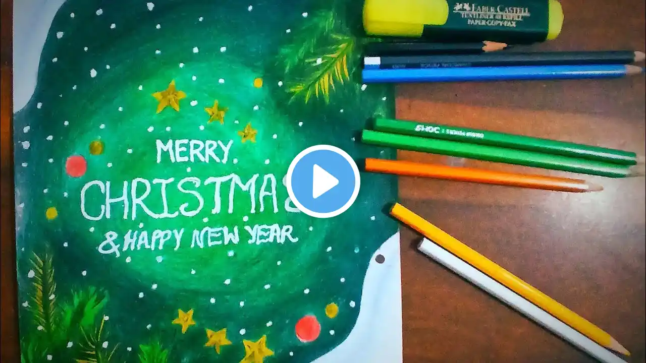 Christmas Drawing/Easy drawing for beginners|Merry christmas greeting & Happy new year~pencil colour