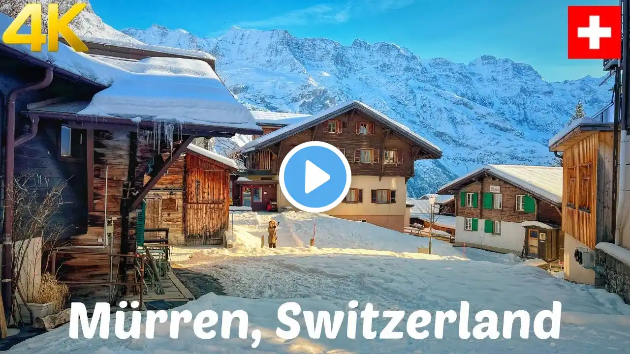 Mürren, Switzerland, Snowy walk in Swiss most beautiful village 4K - Fairytale Mountain village