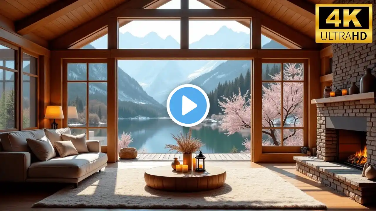 Cozy Lakeside Cabin in Spring 🌸 Smooth Jazz Piano & Crackling Fireplace for Relaxation | 4K Ultra HD