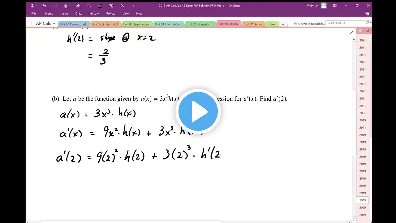 2019 AP Calculus AB Exam Full Solution FRQ #6(a-b)