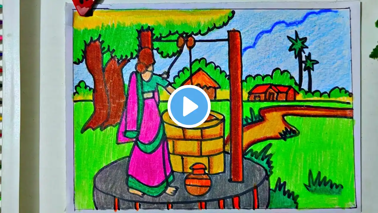 Easy village scenery drawing/women village scenery landscape drawing/Easy nature drawing/scenery